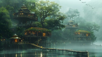 A bamboo village floats above misty jungle waters, treehouses linked by wooden bridges