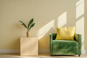 Green chair and yellow pillow create a cozy atmosphere in a sunlit room