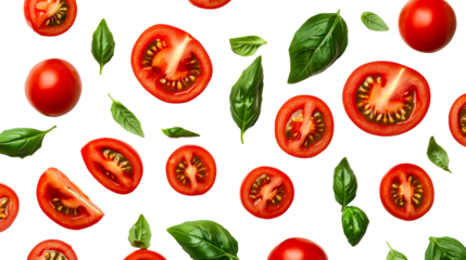 Tomato and basil pattern with a black background, cut out transparent