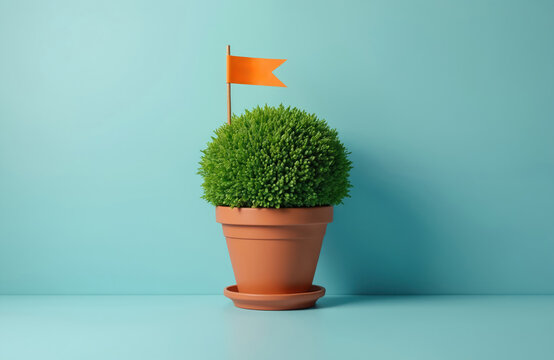 Rich Manjerico potted plant with orange flag on blue background. Traditional decor for Portuguese Saint John festival in summer. Festive symbol of celebration, gift for friends and family.