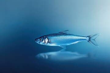 Naklejka premium A solitary fish is swimming in a gradient blue environment