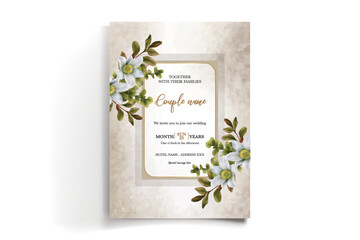 WEDDING INVITATION FRAME WITH FLOWER DECORATIONS AND FRESH LEAVES