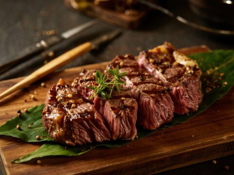 Juicy grilled steak garnished with fresh herbs presented on a wooden board in a rustic kitchen setting