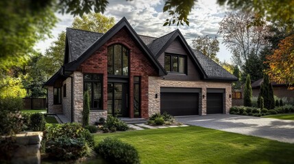 Illustration of a contemporary brick house with a garage in the countryside. 