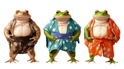 Three sumo frog wrestlers in kimono, cut out transparent