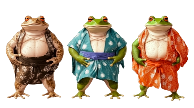 Three sumo frog wrestlers in kimono, cut out transparent