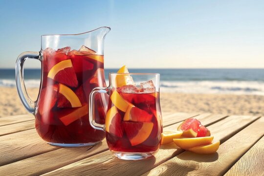 Jarra y vasos de sangr&iacute;a en un fondo veraniego de playa.