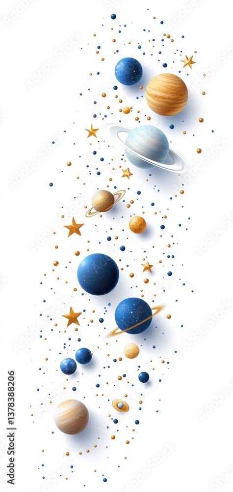 Poster abstract depiction of planets and stars in space, showcasing a colorful cosmic scene with various ce