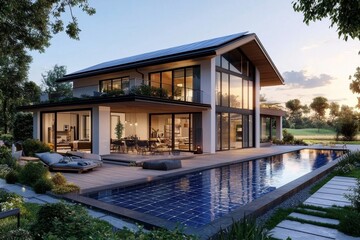 Fototapeta premium Innovative design of a chalet with green energy solutions.