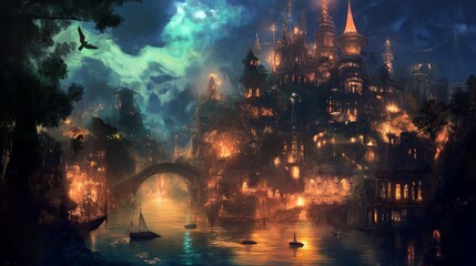 A sci-fi utopian city with gravity-defying buildings and glowing rivers