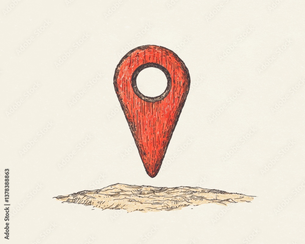Poster a stylized illustration of a red location pin above a textured ground, symbolizing navigation or map