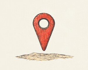 A stylized illustration of a red location pin above a textured ground, symbolizing navigation or mapping in a minimalist design.