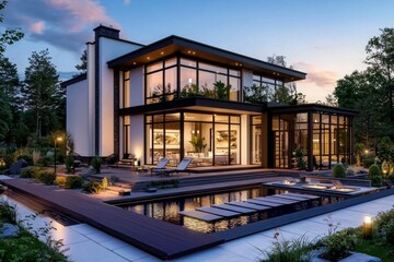 Beautiful sunset landscape with a blue sky surrounding the villa and trees.