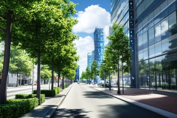 Urban landscape with modern buildings and trees lining a quiet street on a sunny day