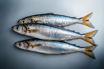 Three fresh fish are arranged on a smooth and gray surface