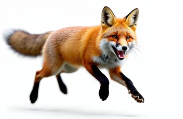Fototapeta premium Funny red fox animal in full body jump against transparent background. Running mammal with fluffy fur in action. Wild fauna portrait on white. Illustration.