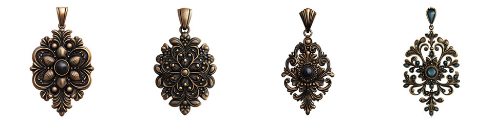 A collection of intricate and ornate antique metalwork jewelry pendants featuring floral and filigree designs in a classic baroque style