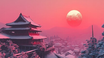 A snow-covered Japanese temple under a red sun during sunset