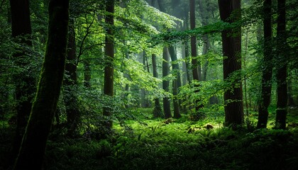Fototapeta premium a forest with green leaves and trees the forest is dark and mysterious