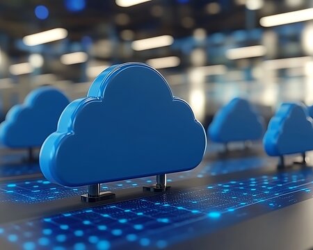 Blue cloud computing symbols are displayed on a circuit board