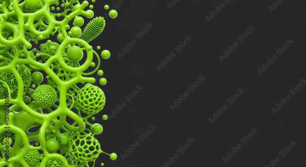 Poster abstract lime green organic forms on dark background: a 3d render of intricate cellular structures