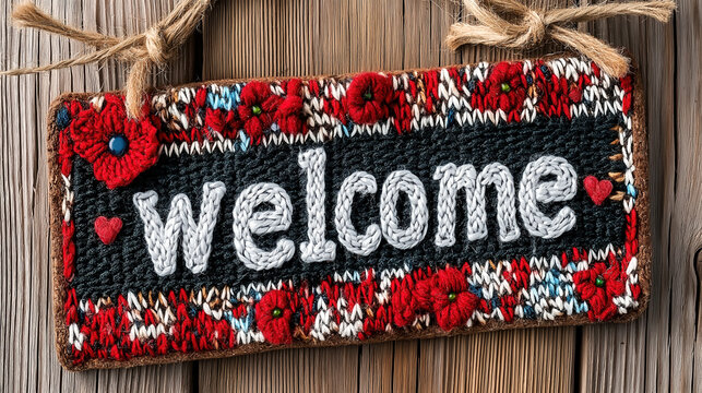 A beautifully handcrafted "Welcome" sign with a knitted texture, featuring red floral embroidery