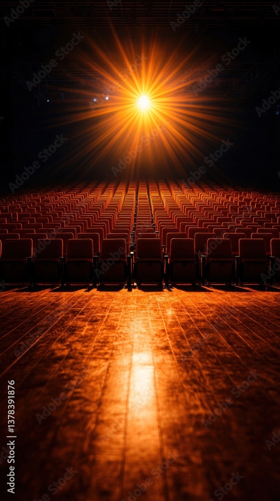 Poster a spotlight shines brightly on an empty auditorium with rows of red seats, creating a dramatic and i