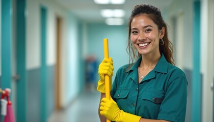 Smiling janitor woman holding yellow mop in hallway. Happy, pro cleaning lady wearing yellow gloves and uniform. Cleaning service, sanitation maintenance. Healthcare, hospital industry.