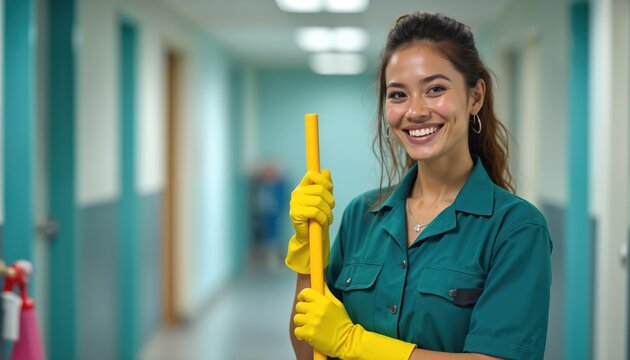 Smiling janitor woman holding yellow mop in hallway. Happy, pro cleaning lady wearing yellow gloves and uniform. Cleaning service, sanitation maintenance. Healthcare, hospital industry.