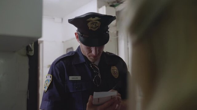 Investigator or detective speaks with woman at entrance of her home, taking notes and identikit Routine questioning. Showing funny drawing on his notepad. Quirky interaction with cop conversation