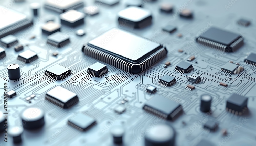 Poster close-up of electronic circuit board with microchips, processors, integrated circuits. tech concept,