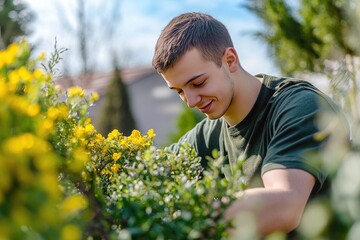Young man tending a garden