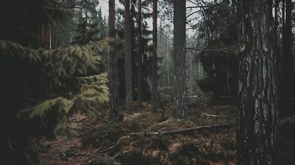 Obraz premium A dark moody forest scene with tall trees and dense foliage