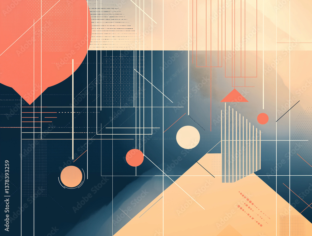 Aufkleber technology-themed presentation background with white polygonal shapes on blue-orange gradient dynami