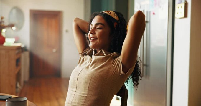 Home, relax and woman on laptop stretching for rest, finished and done with online project. Remote work, freelancer and happy person on computer for website, report and internet research on break