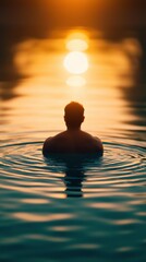 A silhouette of a person standing in water at sunset, creating ripples as the sun reflects on the surface.