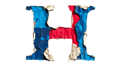 Letter H, aged ripped paper texture, red and blue colors, cut out transparent