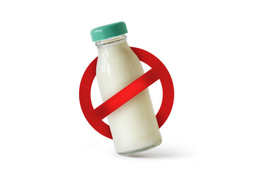 Glass bottle of milk with prohibition sign on white background - Lactose intolerance concept
