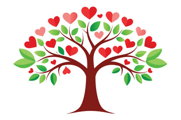 Fototapeta premium Heart Tree with Red Hearts, Green Leaves and Brown Branches on White Background