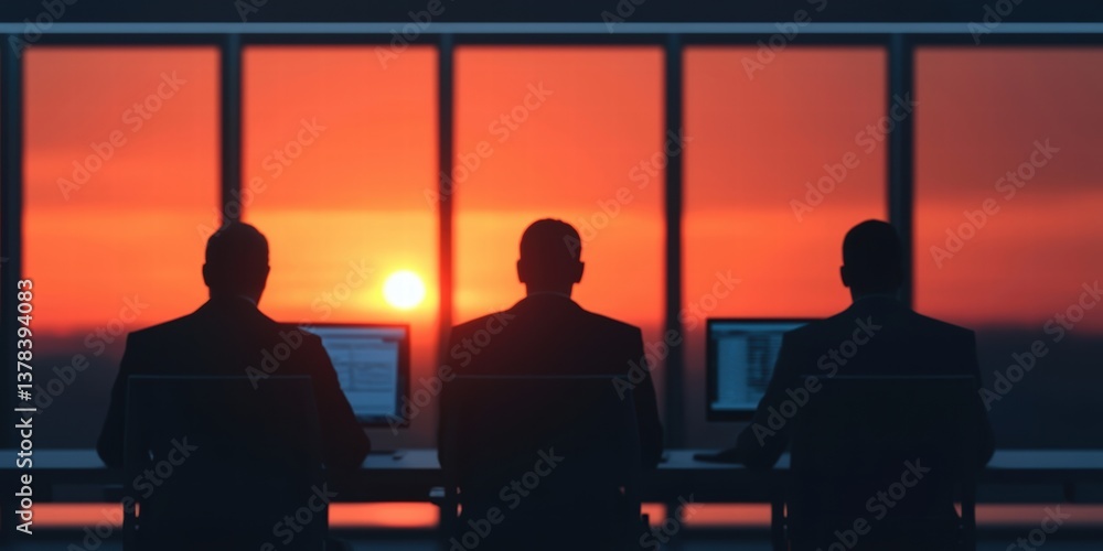 Poster silhouettes of three individuals working at computers, framed by a stunning sunset view through larg