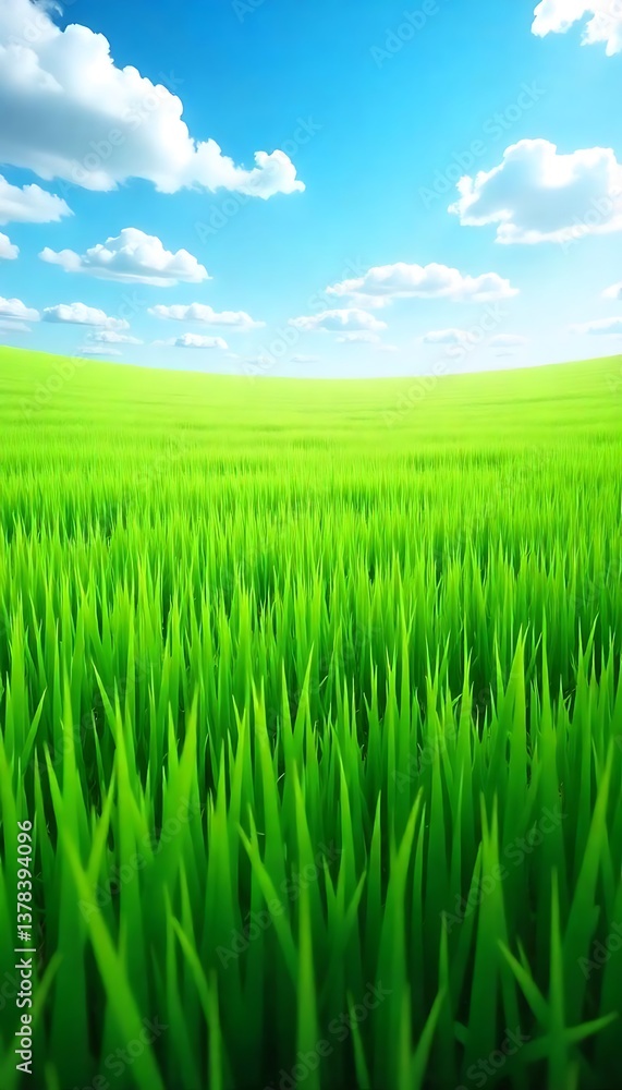 Poster generative ai serene green field under a clear blue sky with fluffy clouds creating a peaceful vista