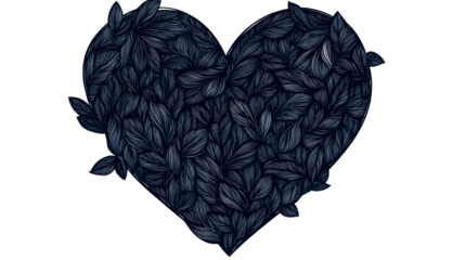 Elegant heart shape of stylized leaves, dark pattern, cut out transparent