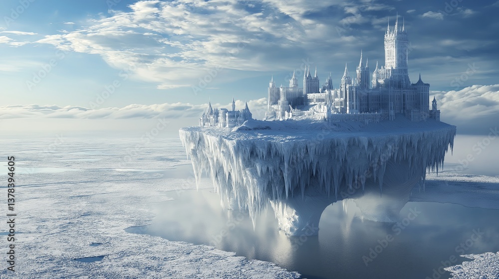 Poster A surreal frozen ocean with icebergs in the shape of floating castles