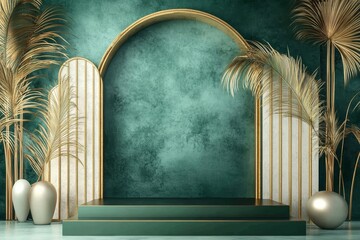 The celebration podium showcases elegant Islamic design, featuring golden patterns and art, to convey a festive greeting and cultural elegance while celebrating in style