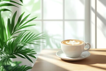 The morning exudes elegance, with a hot espresso cup adorned with artful froth, embodying vintage coffee charm, alongside a rustic latte and a cafe aesthetic, all set upon a wooden table with a