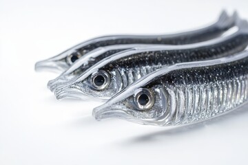 Three small fish are lined up against a white background