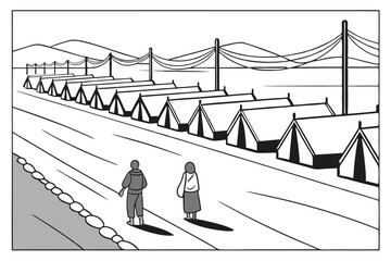 An early morning view of a refugee camp with rows of tents and people lining up amidst a vast landscape A