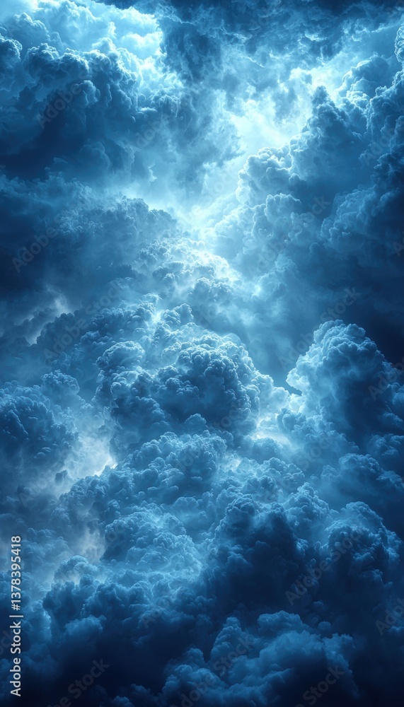 Poster a dramatic view of swirling blue clouds illuminated by soft light, creating an ethereal and atmosphe