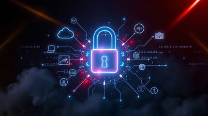 Futuristic Cybersecurity Concept with Neon Digital Padlock and Network Connections