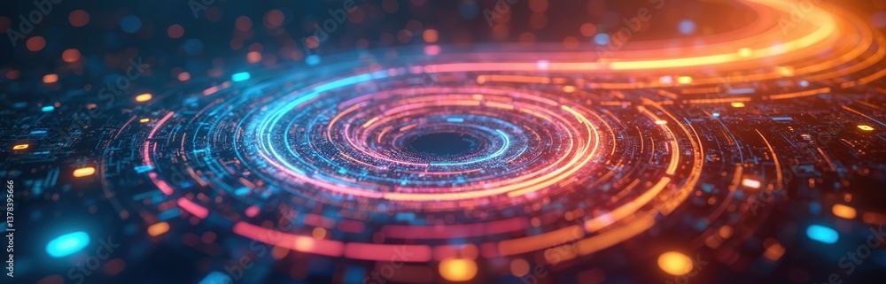 Poster digital tech background features swirling pattern. circular neon lights illuminate futuristic abstra